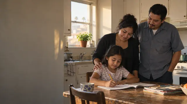 Familia latina reunida en la cocina de su apartamento