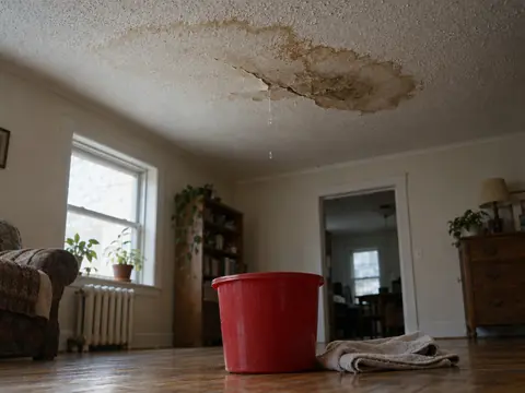 Techo agrietado con una mancha de agua y una gotera que cae en una cubeta