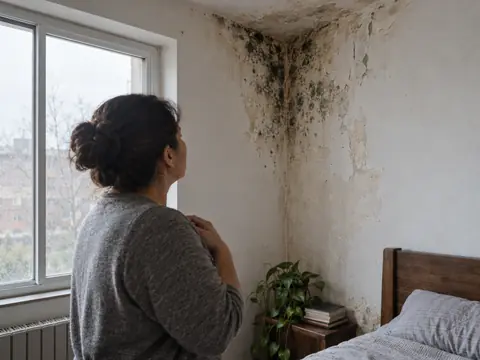 Inquilina preocupada mira manchas de moho en la pared de su recámara